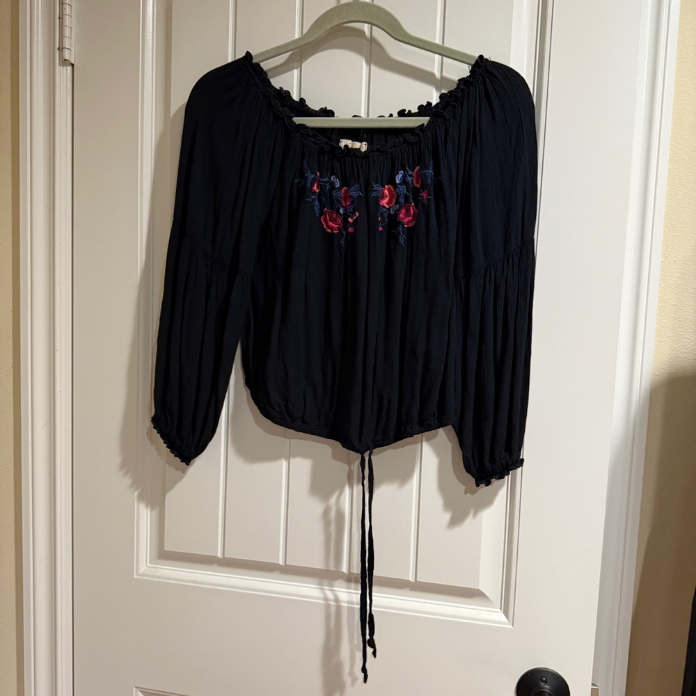 Hollister Shirt Black Floral Embroidered Off Shoulder